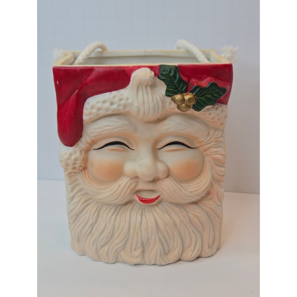 Vintage Santa Claus Fine Porcelain Hand Painted Gift Bag Candy Cane Holder Decor